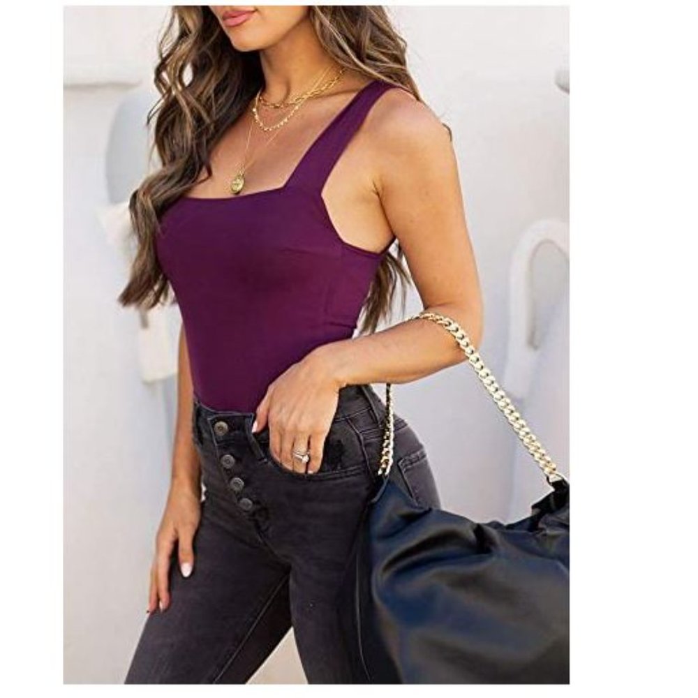 Womens Sexy Square Neck Sleeveless Tops Bodysuits - Picture 2 of 7